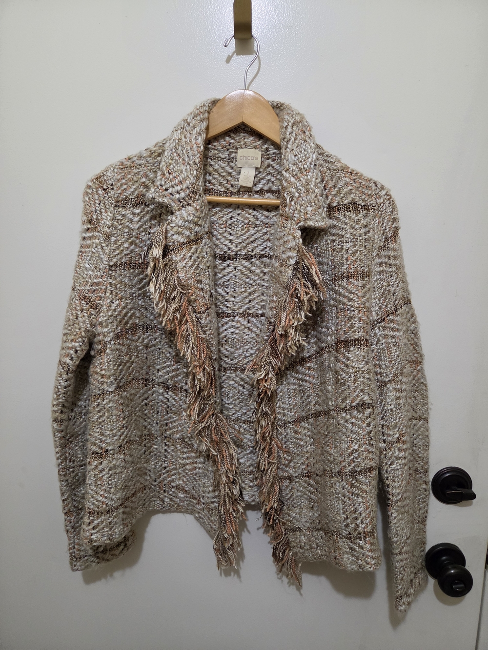 Chico's Beige Multi-Tone Fringe Open Cardigan Sweater